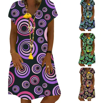 2021 NewSummer Retro-Krátke Rukávy Sexy tvaru Tlačené Šaty pre Ženy Fashion Urban Bežné Zabezpečovacie Plus Veľkosť Voľné Šaty