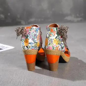 Johnature Retro Topánky Ženy Sandále Originálne Kožené Vysoké Podpätky 2021 Nové Zmiešané Farby Zip Ručné Kvet Šitie Platformu Sandále